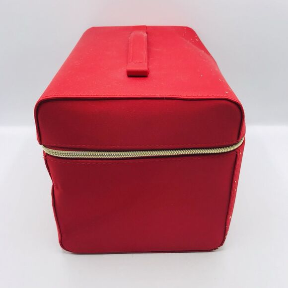 Estee Lauder Red w Gold Train Case Travel Bag Makeup Cosmetic Zipper with Handle - Picture 5 of 9
